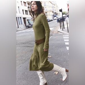 Zara Knit Olive Green Long Sleeve Maxi Dress